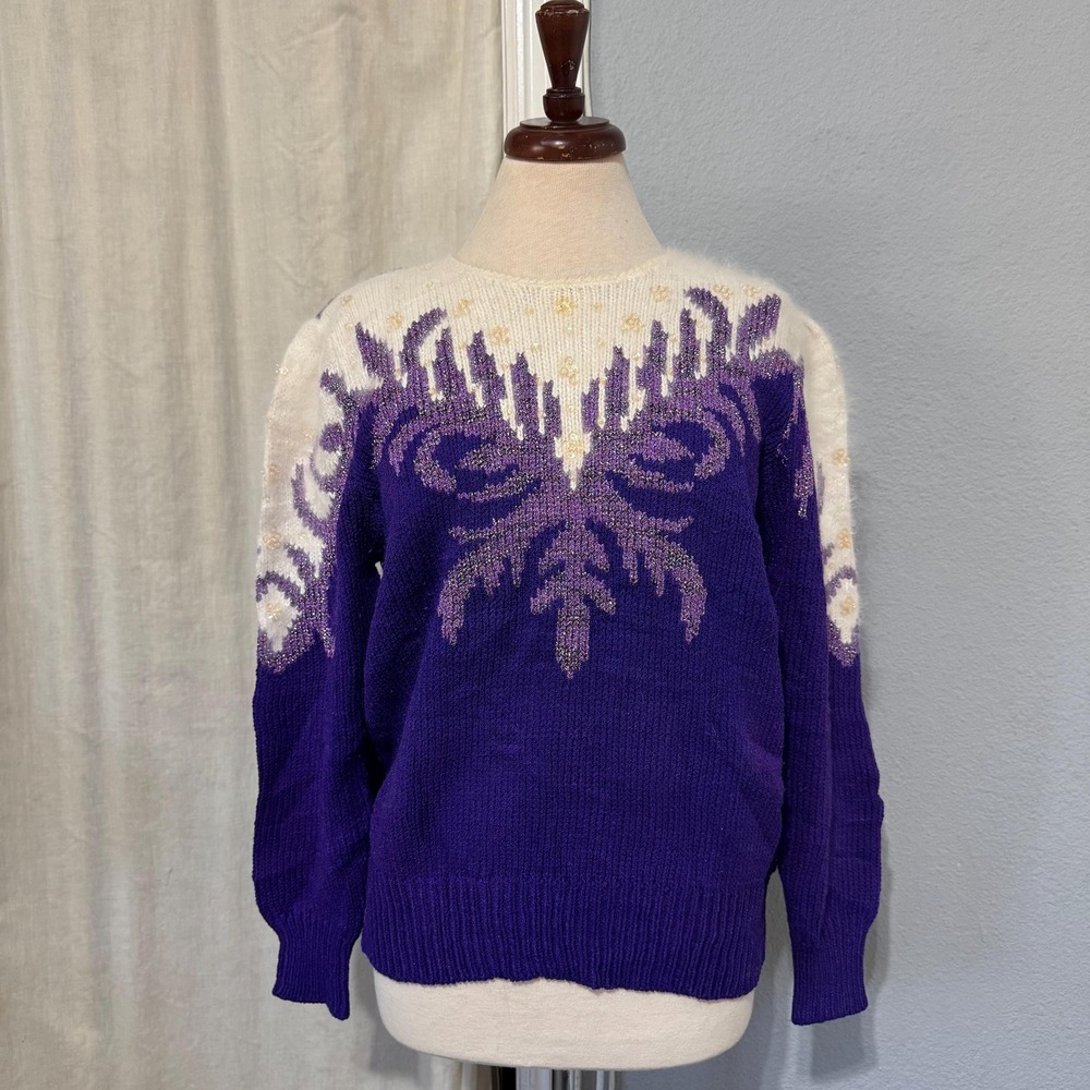 Vintage 80s Christine Women Purple‎ Beaded Angora Wool Blend Metallic Sweater M